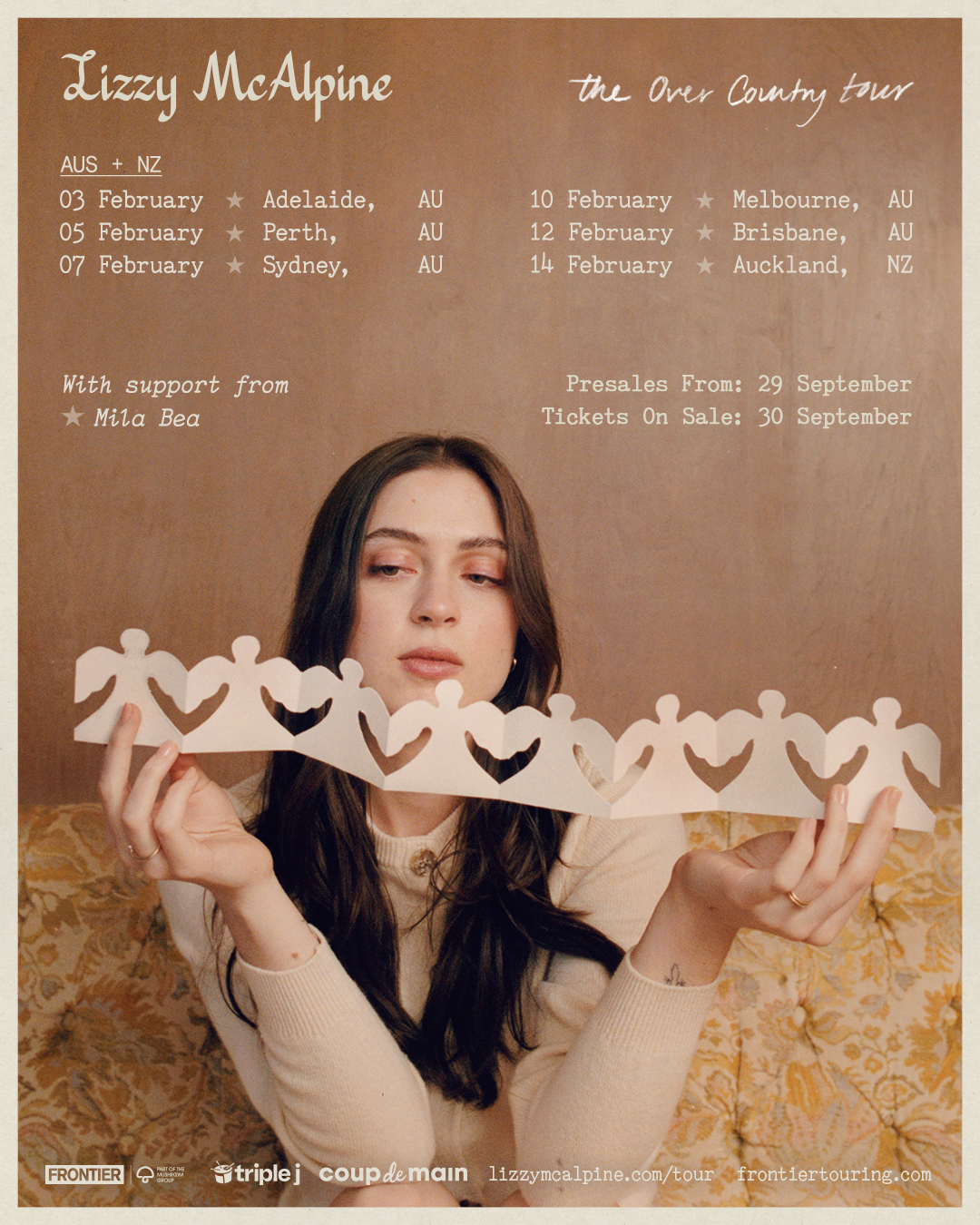 Lizzy McAlpine The Over Country Tour poster for Australia and New Zealand featuring tour dates and Lizzy holding a paper cutout chain.